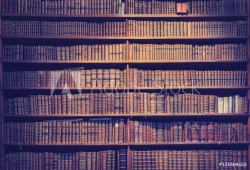 Picture of Vintage toned old books on wooden shelves wisdom concept background